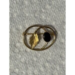 Vintage Van Dell Black Onyx Leaf Pin Brooch 14K GF - Signed VD